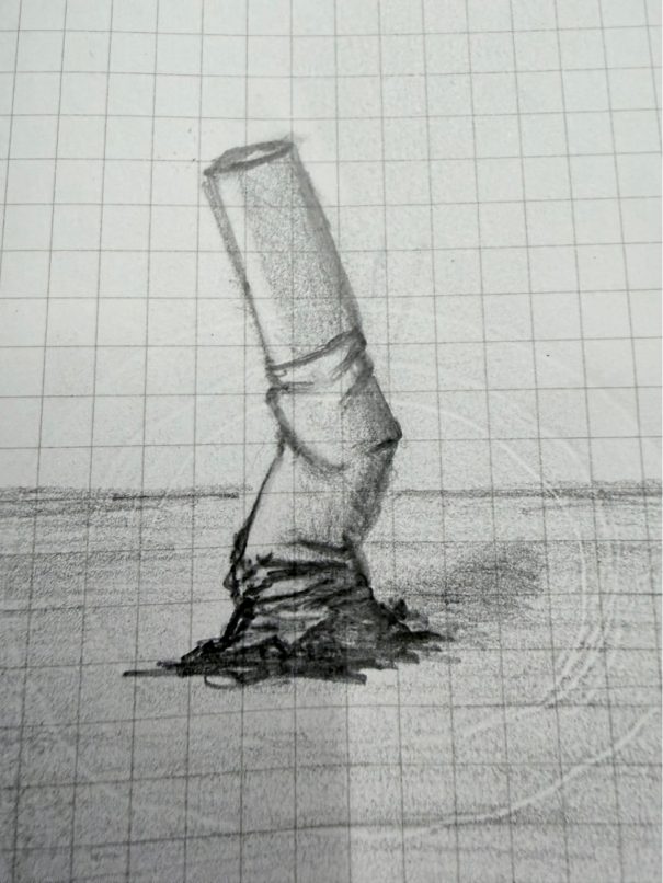 Pencil drawing of a stubbed-out cigarette butt on graph paper